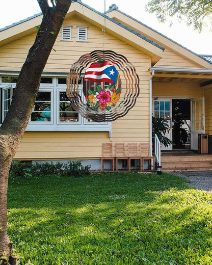 Wind Spinners for Yard and Garden - 3D Stainless Steel Hanging Spinners Indoor/Outdoor Kinetic Yard Art - Round Wind Chime 7.8 Inch, Puerto Rico Flag and Hibiscus in Barn