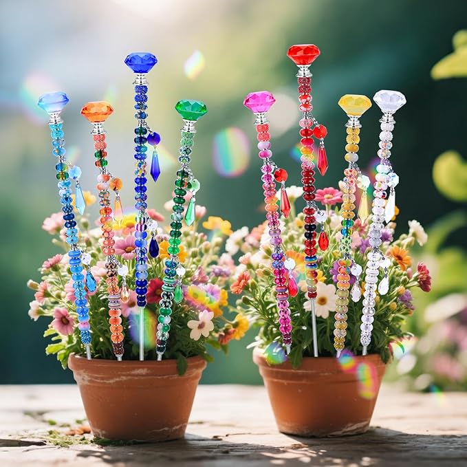 AIPRIDY DIY Fairy Wand Garden Stake Beads Kits with Rainbow Colorful Assortment Large Hole Beads, Beaded Garden Stakes kit with Crystal Diamond Top (238Pcs Rainbow+Diamond)