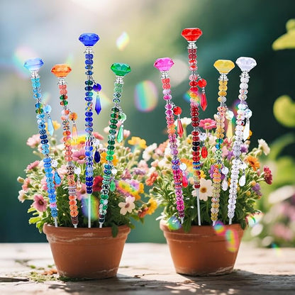AIPRIDY DIY Fairy Wand Garden Stake Beads Kits with Rainbow Colorful Assortment Large Hole Beads, Beaded Garden Stakes kit with Crystal Diamond Top (238Pcs Rainbow+Diamond)