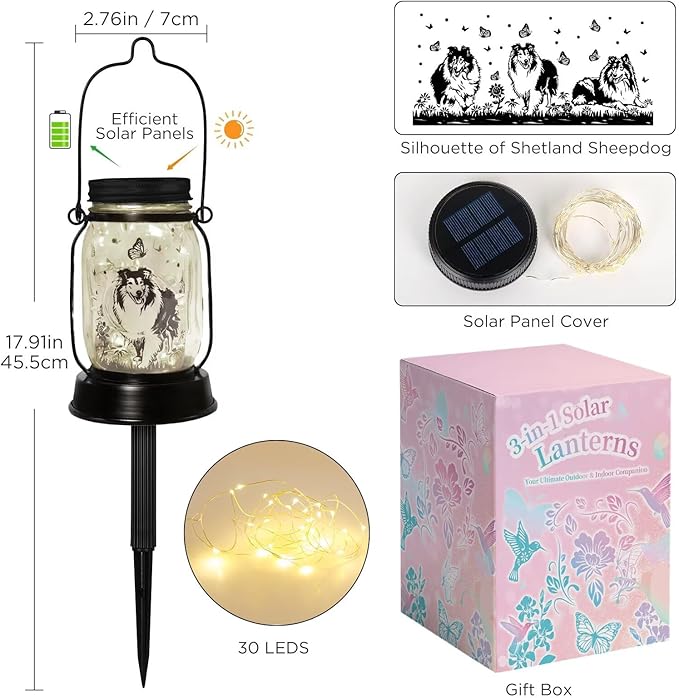 Sheltie Gifts for Women/Men Sheltie Solar Lanterns Dog Mom Birthday Dog Lovers Lantern Pet Loss Pet Memorial Lights Solar Garden Decoration for Yard, Patio,Backyard,Porch Torches