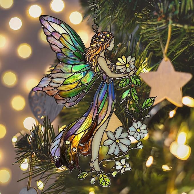 Floral Forest Fairy Acrylic Suncatcher Stained Glass Effect Window Car Hanging Christmas Ornament Indoor Outdoor Decor Garden Sun Catcher Panel for Fairy Lover for Women Mom Grandma