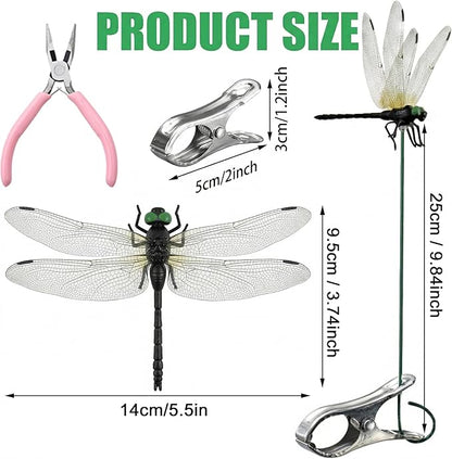 Jongdari 12pcs Black Dragonfly Clip, DIY Realistic Fake Dragonflies Clip-On Garden Outdoor Decor Stakes Plastic Dragon Fly Clips Plant Decorations for Pots, Includes Pliers & Clips