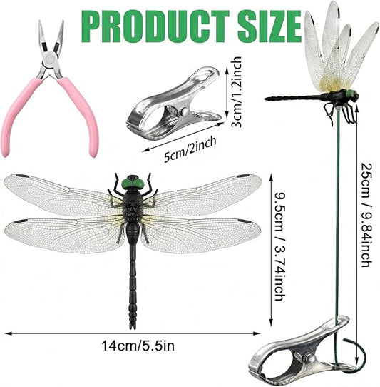 Jongdari 12pcs Black Dragonfly Clip, DIY Realistic Fake Dragonflies Clip-On Garden Outdoor Decor Stakes Plastic Dragon Fly Clips Plant Decorations for Pots, Includes Pliers & Clips
