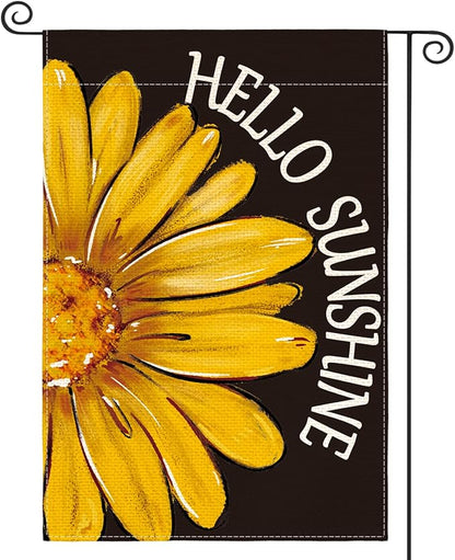 AVOIN colorlife Hello Sunshine Garden Flag 12x18 Inch Double Sided Outside, Summer Spring Floral Yellow Daisy Yard Outdoor Flag Black