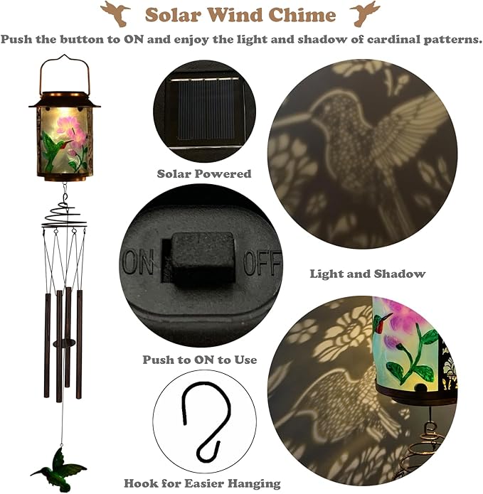 Solar Wind Chimes for Outdoor, Hummingbird Garden Decorations Memorial Wind Chimes Deep Tone, Sympathy Windchimes for Outside Garden Décor, Gifts for Mom, Grandma-Hummingbird