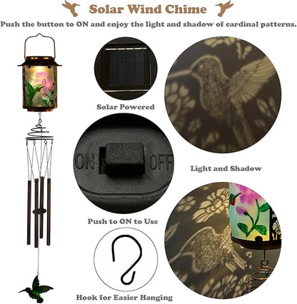 Solar Wind Chimes for Outdoor, Hummingbird Garden Decorations Memorial Wind Chimes Deep Tone, Sympathy Windchimes for Outside Garden Décor, Gifts for Mom, Grandma-Hummingbird