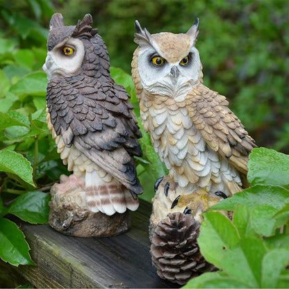 DEAYOU 2 Pack Fake Horned Owl Statues, 7" Tall Small Resin Owl Sculpture, Artificial Owl Figurines for Garden, Vivid Faux Outdoor Owls for Ornament, Yard, Indoor Decor, Home (White, Black)