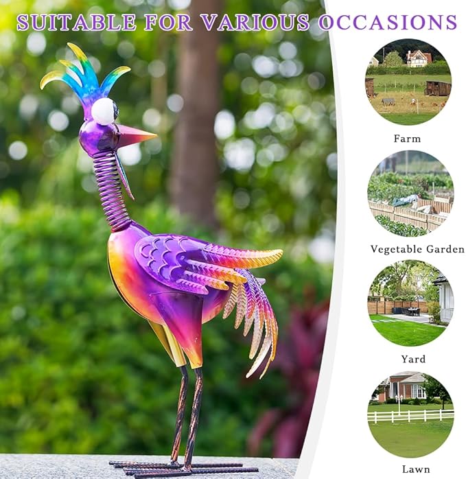 Metal Wacky Rooster Garden Statue, 19'' Rooster Decor Yard Statue Decorations Outdoor, Chicken Yard Art for Outside, Patio, Backyrad, Lawn(Purple)