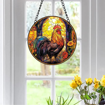 Rooster Acrylic Window Hanging, Colourful Cockerel Farm Animal Stained Acrylic Window Decor Hanging Ornaments Indoor Outdoor Garden Stained Art Panel Gift for Women Christmas Thanksgiving