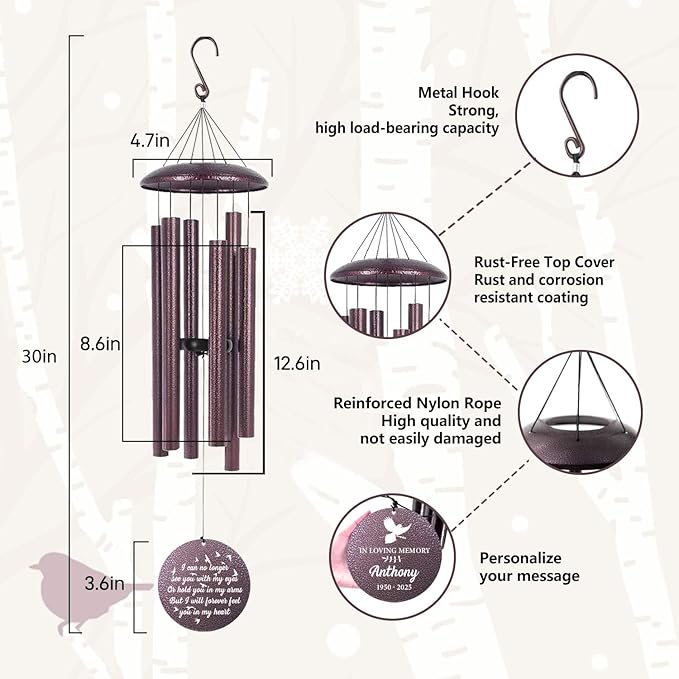 ASTARIN Customized Wind Chimes for Loss of Loved One, Memorial Gifts for Loss of Mom/Dad, Bereavement Gifts for Loss of Father, Wind Chimes for Outside Deep Tone, Produced in USA