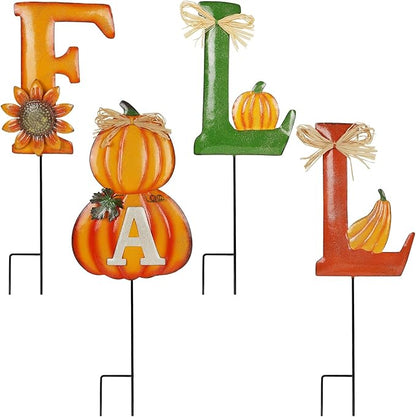 Juegoal 4 Pcs Fall Decorative Garden Stakes, 24 Inch Letter Metal Yard Sign with Pumpkins, Outdoor Art Stake for Thanksgiving Decorations Autumn Harvest Patio Lawn Walkway, Style A