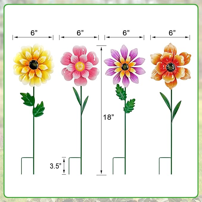 Wind Spinners Garden Decor,4 Pack Colorful Flower Garden Stakes for Outdoor Decorations,Metal Wind Spinner Yard Stake for Patio,Lawn