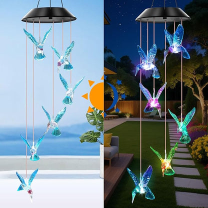 WENANA Blue Hummingbird Solar Wind Chimes Color Changing Lights Outdoor, Best Gifts for Mom Grandma Women Wife Aunt Daughter Sister, Unique Mobile Wind Chime, Gardening Yard Decorations