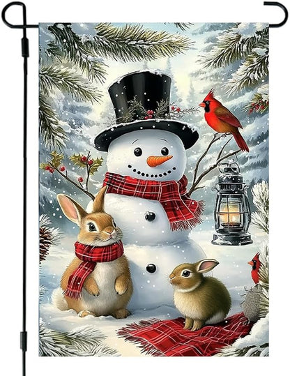 Winter Garden Flags 12x18 Double Sided, Small Burlap Outdoor Holiday Farmhouse Rustic Snowman Bunny Xmas Garden Flag Christmas Decorations Yard Lawn Porch Flags for Outside Decor