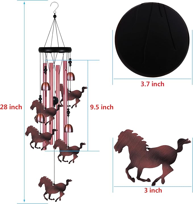 Outdoor Horse Wind Chimes Indoor Decor - Hand-Made Mobile Romantic Windcatcher, Horse Chimes, 28" Horse Wind Chimes for Home, Balcony, Tree, Patio, Garden Decoration, Gift for Mom(4 Tubes, 5 Horses)