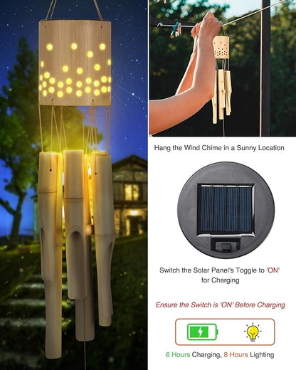 Bamboo Wind Chimes for Outside with Solar Accent Light, Outdoor Wooden Wind Chimes, 6 Bamboo Tubes, Deep Tone, Perfect for Patio, Garden, Porch, and Balcony Decor