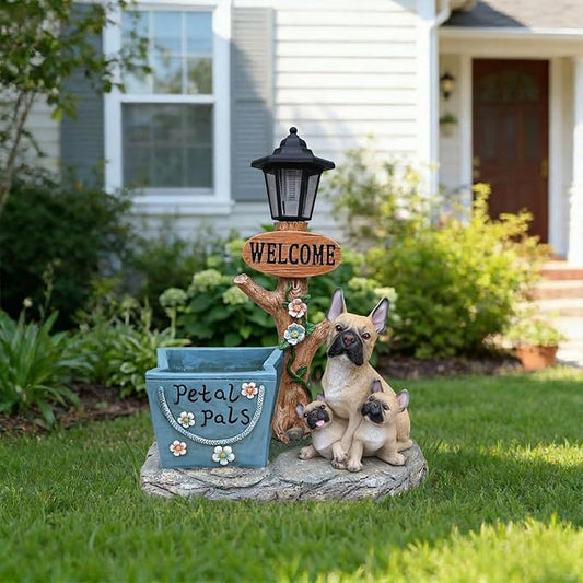 20" Solar Bulldog Family Garden Statue with Welcome Sign & Planter - Large Dog Sculpture with LED Street Lantern - Weatherproof Resin Decorative Flower Pot for Porch, Yard & Patio - Pet Lover Gift