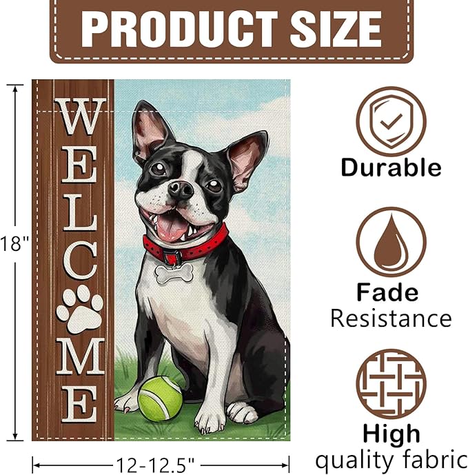 Dyrenson Welcome Boston Terrier Dog Decorative Garden Flag, Spring Summer Paw Prints Tennis Yard Outside Home Decorations Pet Lover Gift, Farmhouse Burlap Outdoor Small Decor Double Sided 12 x 18