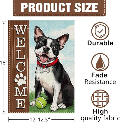 Dyrenson Welcome Boston Terrier Dog Decorative Garden Flag, Spring Summer Paw Prints Tennis Yard Outside Home Decorations Pet Lover Gift, Farmhouse Burlap Outdoor Small Decor Double Sided 12 x 18