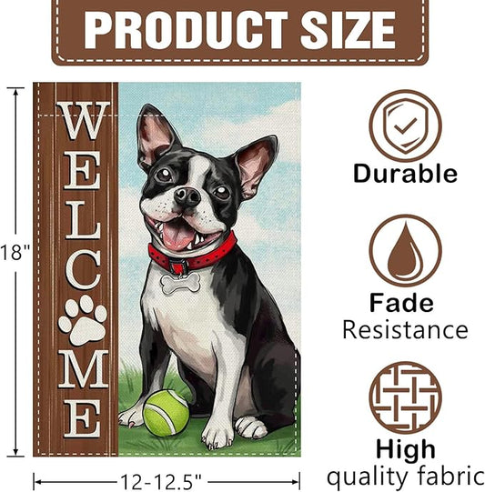 Dyrenson Welcome Boston Terrier Dog Decorative Garden Flag, Spring Summer Paw Prints Tennis Yard Outside Home Decorations Pet Lover Gift, Farmhouse Burlap Outdoor Small Decor Double Sided 12 x 18