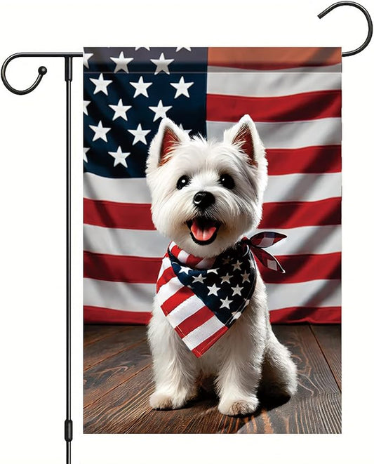 Patriotic 4th of July West Highland White Terrier Garden Flag Summer Decorative Lovely Pet Dog American US Flag Banner for Outside 12x18 Inch Printed Double Sided
