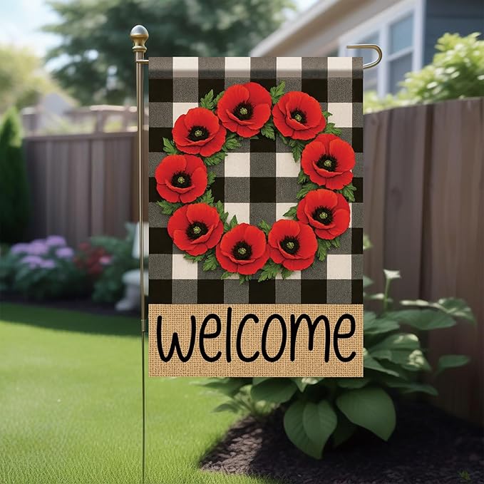 Buffalo Plaid Welcome Wreath Garden Flag Red Poppy Flower Flag 12x18 Double Sided Tropical Yard Flowers Floral Decor for Spring Summer Fall Outdoor Porch Patio Lawn Farmhouse