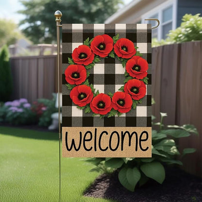 Buffalo Plaid Welcome Wreath Garden Flag Red Poppy Flower Flag 12x18 Double Sided Tropical Yard Flowers Floral Decor for Spring Summer Fall Outdoor Porch Patio Lawn Farmhouse