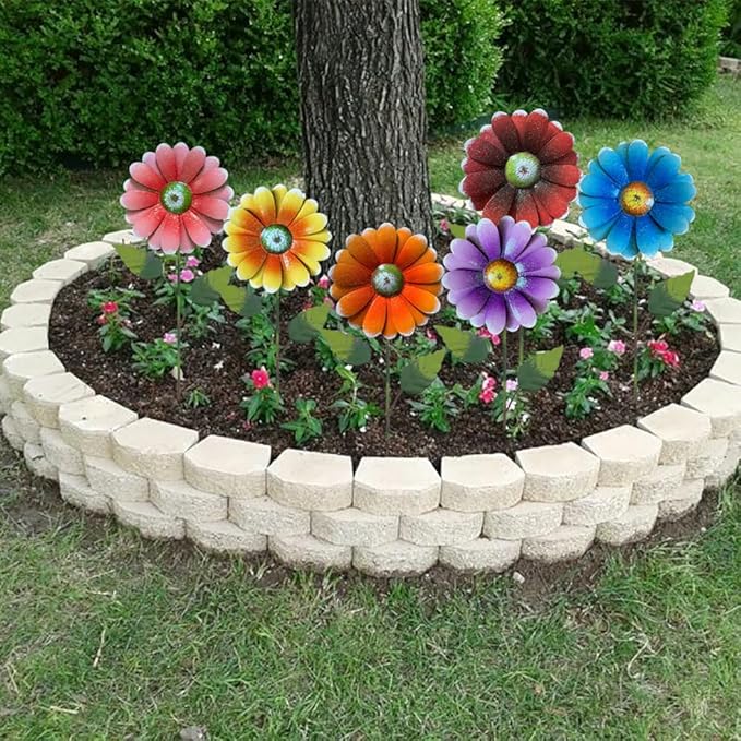 Metal Flower Garden Stakes, 6 Pc. Set,22 inch Outdoor Decor Stakes for Spring Decor, Rust and Weather Resistant Flowers with Shaking Head Yard Art for Outdoor Lawn Patio Pathway Decorations