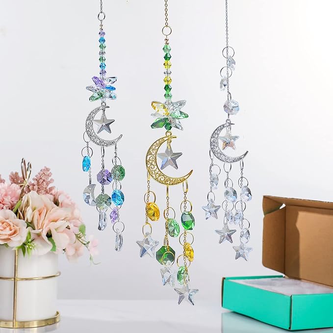 Hanging Crystal Suncatchers Window Prism 3 Pcs/3 Colors Moon and Star Prism SunCatcher Rainbow Maker Car Charm Mirror Accessories Mom Grandma Gifts KEINIA
