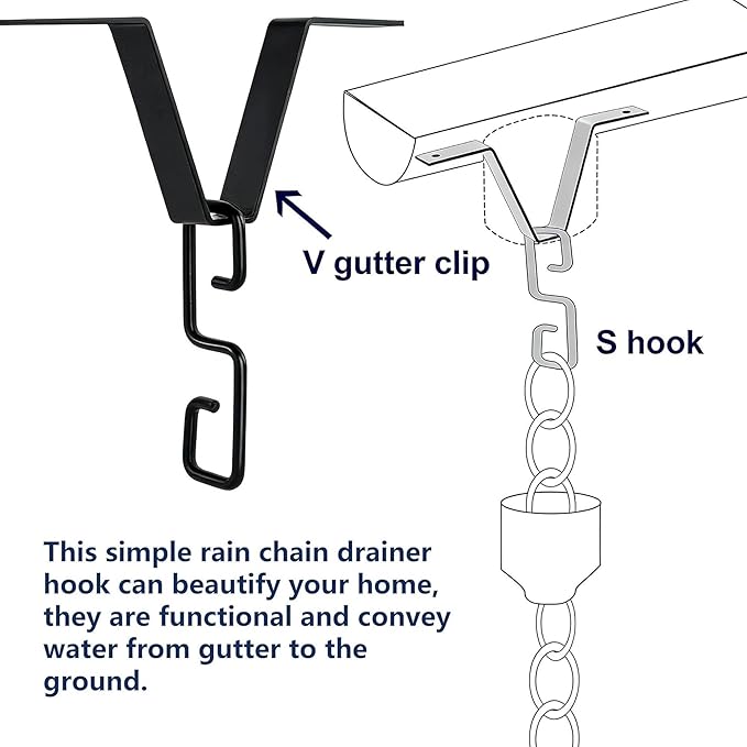 2 Pcs Heavy-Duty V-Shaped Rain Chain Gutter Adapter Clip S-Shaped Hooks Alloy Connector Holder for Rain Chains Adjustable Adapter for Gutter Chain Downspout Painted Hardware Black