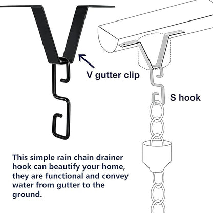 2 Pcs Heavy-Duty V-Shaped Rain Chain Gutter Adapter Clip S-Shaped Hooks Alloy Connector Holder for Rain Chains Adjustable Adapter for Gutter Chain Downspout Painted Hardware Black