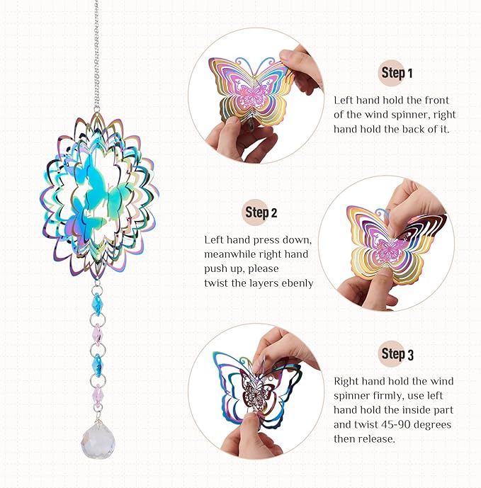 Stainless Steel Reflective Wind Spinners Outsides 3D Twisted Wind Chimes Gradient Butterfly Etched Metal Embellishments for Outdoor Indoor Garden Hanging Decor 2Pcs