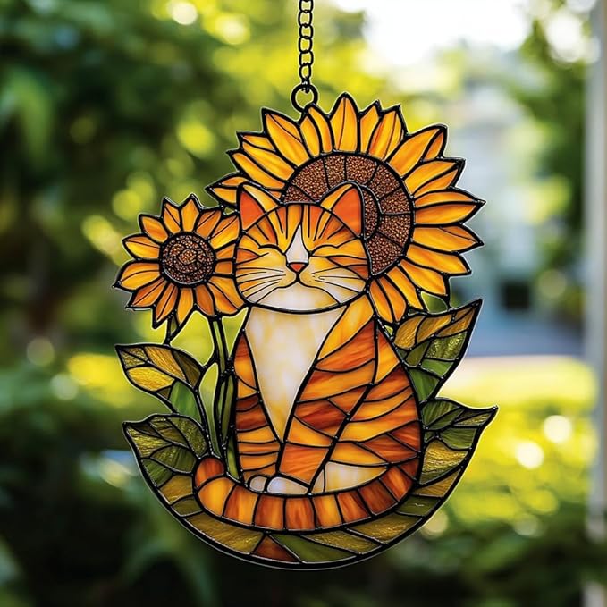 Happy Tabby Cat Acrylic Suncatcher Stained Glass Effect Window Car Hanging Christmas Ornament Indoor Outdoor Decor Garden Sun Catcher Panel Gifts for Cat Lover for Women Mom Grandma