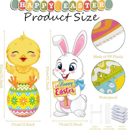 Capoda 2 Pack Easter Decorations Outdoor Yard Signs Bunnies 32.2 x 12.9 Inch Easter Eggs Yard Stake with H Stands for Holiday Party Spring Patio Lawn Garden Decor(Chick, Rabbit Style)
