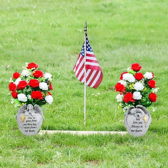 Cemetery Flowers for Grave Angel and Cross Cemetery Cemetery Memorial Vase, Cemetery Flower Grave,2-Piece Angel Cemetery vase with Iron Spikes,Garden Decoration Memorial Gift for Lost Love (1white)