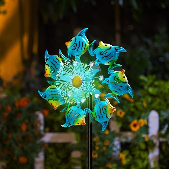 Solar Wind Spinners Outdoor, 51" Waterproof Metal Stake Tropical Fish Sculpture with 7 Color LED Lights 360° Rotating Kinetic Solar Windmill for Yard Garden Lawn Patio Decor