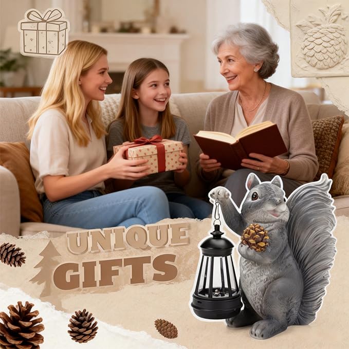 Solar Squirrel Garden Statue Outdoor Decor, Squirrel Sculpture with Lantern for Yard Lawn Patio Balcony, Birthday Housewarming Gifts for Mom, Grandma, Women, Resin, Grey