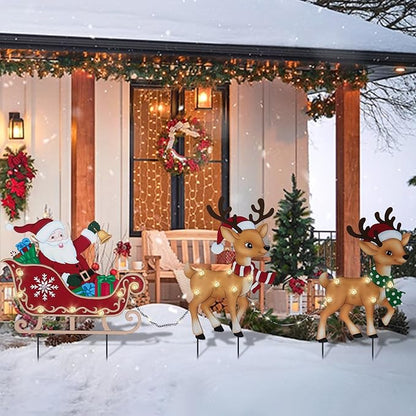 Afirst Christmas Yard Stakes Lighted Up Metal Christmas Outdoor Decorations with Lights Santa Claus On Sleigh Reindeers Lighted Metal Yard Stakes Xmas Garden Stake Lawn Pathway Outdoor Decoration