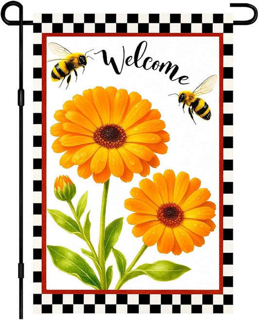 IVN Welcome Garden Flag 12x18 Inch Double Sided Spring Summer Garden Yard Flags Orange Gerbera Daisy Flowers Bees Decorative Small Flags for Outdoor Seasonal Front Door Lawn Porch Patio Decor Yard Flag