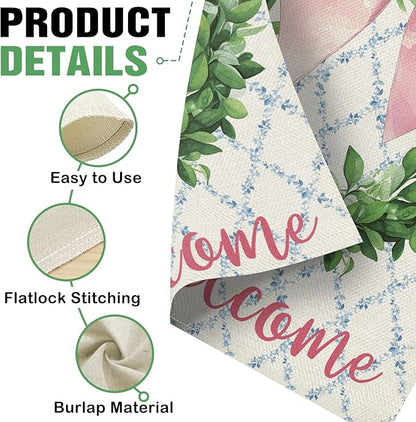 Dyrenson Welcome Pink Bow Wreath Decorative Garden Flag, Coquette Ribbon Eucalyptus Leaves Yard Outside Home Decoration, Botanical Floral Burlap Outdoor Small Decor Double Sided 12 x 18