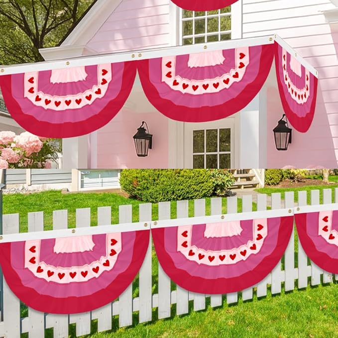 4Pcs Valentine Bunting Flags 2x4Ft Embroidered Love Heart Half Fan Bunting Decor Wedding Season Valentine’s Day Galentine’s Day Outside Banner for Outdoor Porch Garden Fence Décor Engagement Party Anniversary