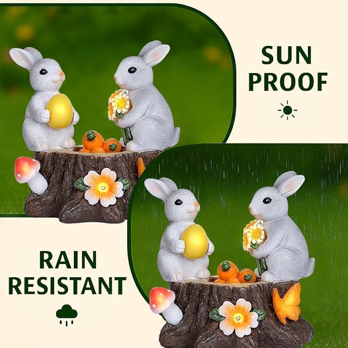 Garden Statues Rabbit with Solar Lights Bunny Figurines Outdoor Decorations for Home Lawn Patio Balcony Backyard for Women Mom Grandma Easter or Birthday