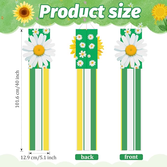 40 Inches 3D Daisy Windsock Decoration, Dimensional Hanging Outdoor Wind Sock with Green, White, and Yellow Streamers for Garden, Yard, Porch, Spring and Floral-Themed Party Decor