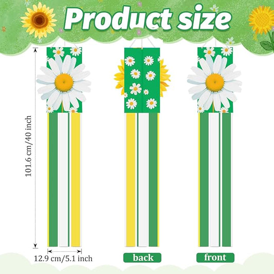 40 Inches 3D Daisy Windsock Decoration, Dimensional Hanging Outdoor Wind Sock with Green, White, and Yellow Streamers for Garden, Yard, Porch, Spring and Floral-Themed Party Decor
