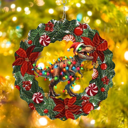 Dinosaur Metal Wind Spinner 3D Hanging Christmas Hat Wind Spinners Decor Christmas Dinosaur Metal Wind Sculptures for New Year Gift Party Yard Garden Outdoor Indoor Decor