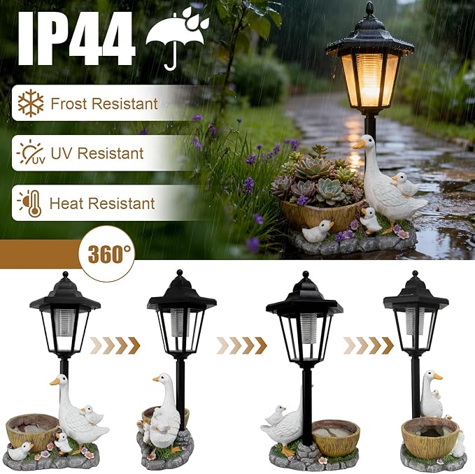 Garden Duck Statues with Solar Lantern Flowerpot Outdoor Decoration, Duck Figurines of resin Art Sculptures for Patio Lawn Backyard Porch Ornaments Unique Housewarming Birthday Gifts for Women Mom
