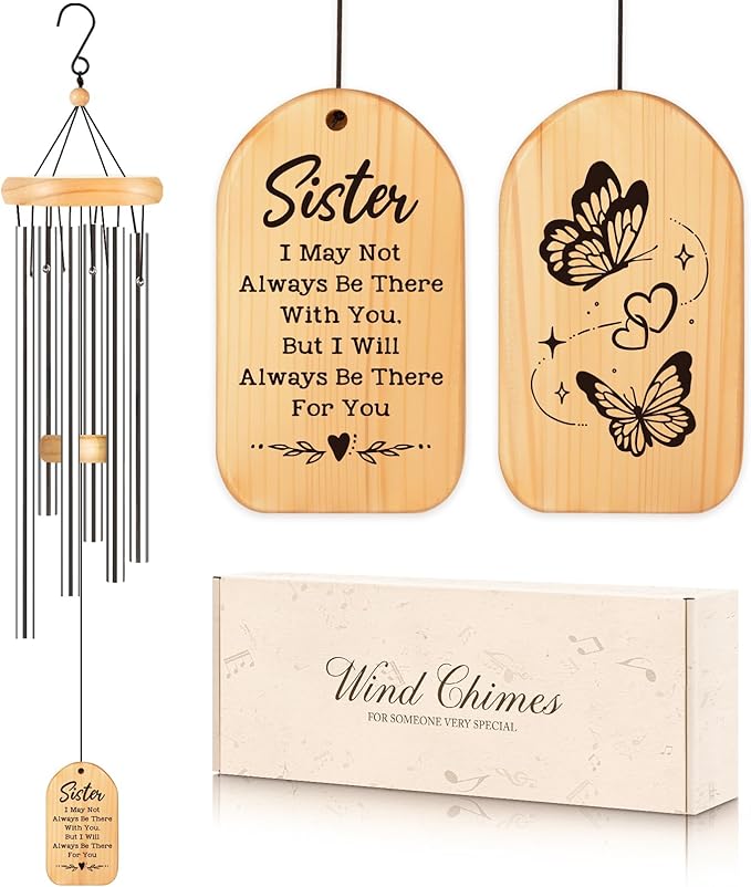 Sister Birthday Gifts, Sisters Gifts from Sisters Brother, Sisters Wind Chimes, Unique Christmas Mothers Day Valentines Day Gift for Sister, Bestie, Silver, Butterfly, 25.5 inch