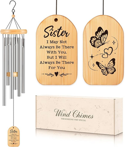 Sister Birthday Gifts, Sisters Gifts from Sisters Brother, Sisters Wind Chimes, Unique Christmas Mothers Day Valentines Day Gift for Sister, Bestie, Silver, Butterfly, 25.5 inch