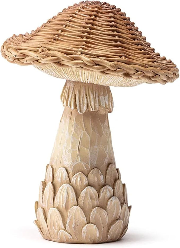 Napco Woven Wicker Cap Mushroom Woodland 7.75 x 6 x 6 inches Tan and Brown Resin Stone Collectible Figurine Statue Sculpture, Indoor Outdoor Garden Décor