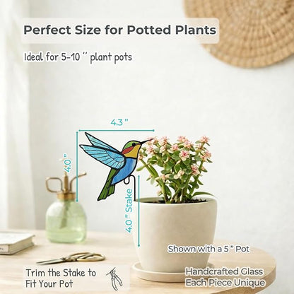 Hummingbird Stained Glass Plant Pot Suncatcher - Handmade Real Glass Flower Pot Ornament for Planters - Indoor Outdoor Garden Décor - Thoughtful Gift for Women, Mom & Bird Lovers